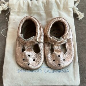 Kids Metallic Rose Gold Moccasin Shoes - Soft Leather Slip-On